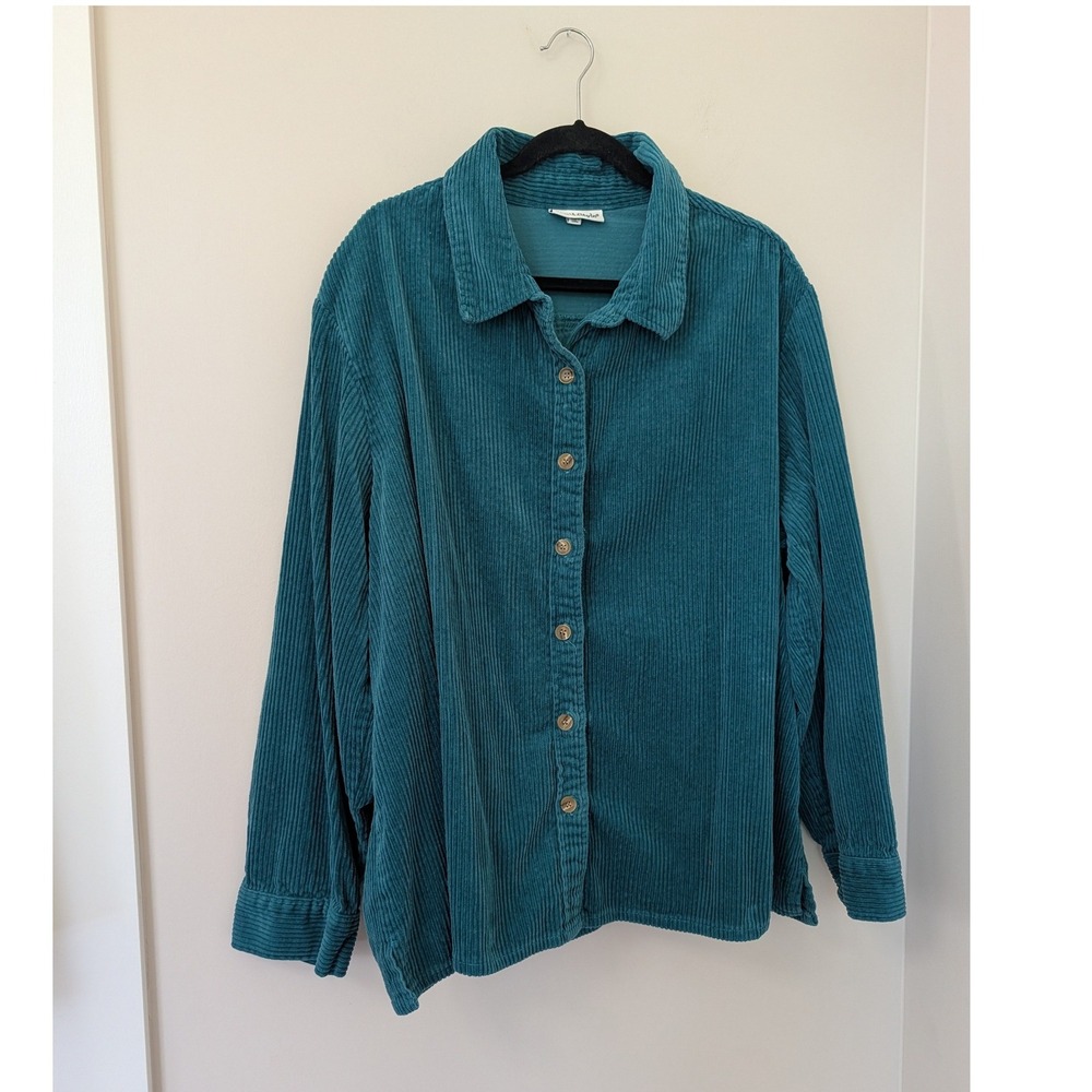Vintage Teal Blue Wide Wale Corduroy Button Down Shirt Shacket Cotton 3X